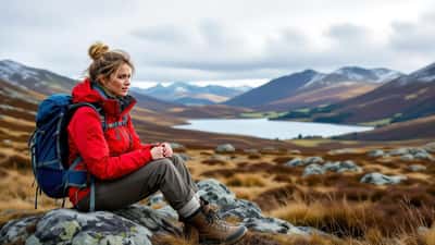 Solo female hiker clutching injured ankle on remote Lake District fell in grey overcast conditions