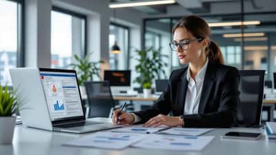 IT-compliance-ansvarig granskar EU AI-lag dokument i modernt Stockholmskontor