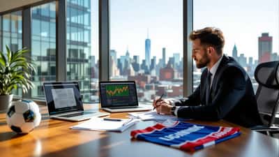 Sports attorney reviewing trademark complaint documents with soccer ball and prediction market laptop in Manhattan law office