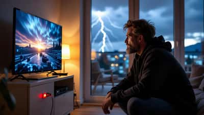 Norsk mann sjekker overspenningsvern koblet til TV og PC under tordenvær