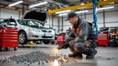 Autokorjaaja tutkii rakeista vahingoittunutta auton konepeltiä PDR-lampun avulla autokorjaamossa