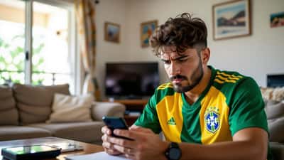 Torcedor conferindo site suspeito de venda de ingressos no celular com cartão na mão
