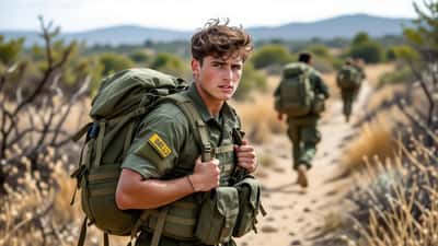 Recruta militar português com equipamento pesado durante marcha de treino, com dores lombares após exercício militar intensivo em 2026