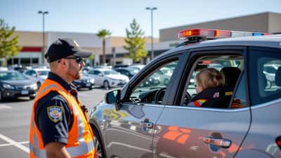 Socorrista em colete laranja a verificar carro fechado ao sol num parque de estacionamento
