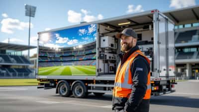 IT-Techniker in einem mobilen Broadcast-Truck vor dem Fußballstadion in Odense