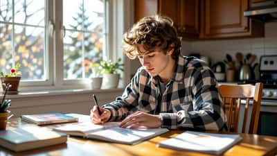 High school student at kitchen table with physics notebook and centripetal force calculations inspired by Spider-Man