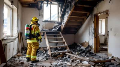 Feuerwehr untersucht ausgebranntes Treppenhaus eines Wohnhauses nach Brand