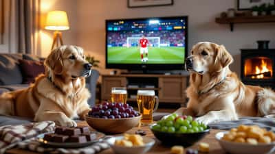 Hund ser på VM-mat med sjokolade, druer og guacamole på bordet