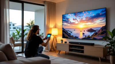Técnico calibrando uma grande TV OLED em uma sala de home theater com barra de som e cortinas blackout