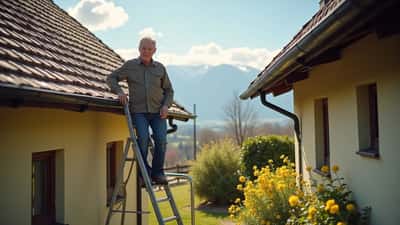Hausbesitzer prüft auf einer Leiter die Dachrinne seines Hauses an einem sonnigen Frühlingstag in Österreich