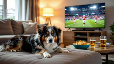 Hund versteckt sich ängstlich unter dem Sofa während WM 2026 Feier im Wohnzimmer