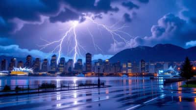 Lightning striking over the Vancouver skyline during a rare summer thunderstorm