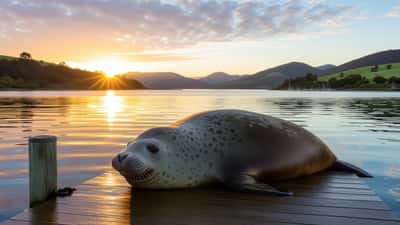 Southern elephant seal resting on a Tasmanian boat ramp at sunrise