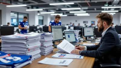 Avocat français analysant des contrats de joueurs de football professionnel dans un bureau parisien