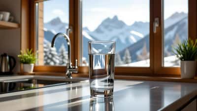 Verre d'eau potable fraîche sur un comptoir suisse moderne avec vue sur les Alpes