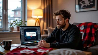Man looking at laptop showing malware warning popup from a fake sports streaming site