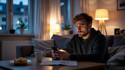 Ensam man som spelar på bettingapp i mobilen sent på natten med obetalda räkningar på bordet