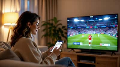 Mulher portuguesa verifica definições de privacidade no smartphone enquanto assiste ao Mundial 2026 em streaming