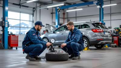 Mécanicien vérifiant la pression des pneus d'une voiture dans un garage suisse avec prix d'essence à 2 CHF visible en arrière-plan