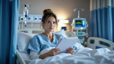 NHS hospital ward patient holding medical records and letter, clinical blue curtains and heart monitor visible in background