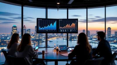 Nederlands nieuwsstudio met jonge kijkers op smartphones en dalende kijkcijfergrafieken