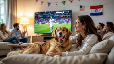 Hispanic woman comforting anxious Golden Retriever during World Cup 2026 watch party in living room