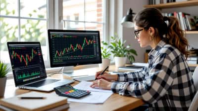 A maths tutor and student calculating a stock index divisor beside a laptop showing a Dow Jones chart