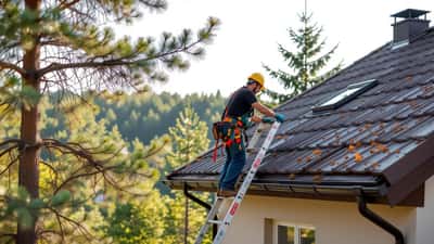 Hausbesitzer inspiziert Dachrinne am Waldrand in Brandenburg