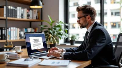 Australian lawyer reviewing copyright infringement notice beside a blocked streaming site on laptop in Sydney law office