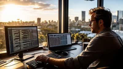 IT consultant reviewing AI model output on dual monitors in a Sydney office with city skyline visible