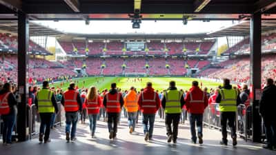 Football stadium turnstiles with stewards and fans arriving for Birmingham vs Huddersfield 2026 Championship match