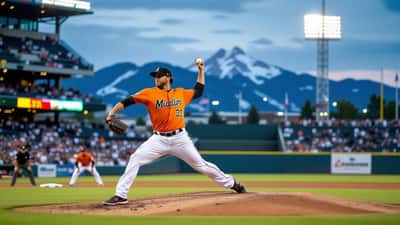 Max Meyer Miami Marlins pitcher winding up on the mound at Coors Field in Denver, July 2026