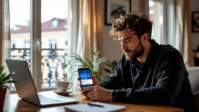 Homem a usar um smartphone Android com um aviso de segurança durante o download de uma aplicação