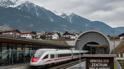 Hochgeschwindigkeitszug an einem modernen Bahnhof in den österreichischen Alpen