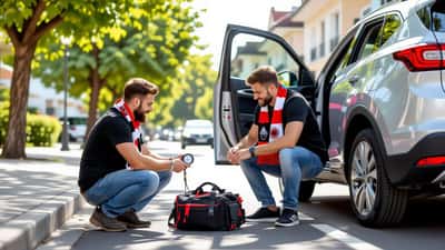 Un supporter du Racing vérifie la pression des pneus de sa voiture avant un déplacement