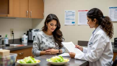 Mujer latina con molestias estomacales consulta a un médico sobre síntomas de ciclosporiasis en una clínica