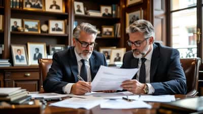 Notaire examinant un contrat d'assurance vie et des documents fiscaux
