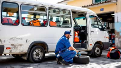 Mecânico a verificar pneu de minibus de clube desportivo antes de amistoso de pré-temporada em Lisboa