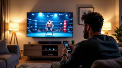 Man stelt 's avonds op zijn tv de beeldinstellingen in tijdens een UFC-gevecht, met soundbar eronder