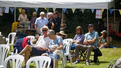 Crowd enjoying an outdoor music festival concert in summer