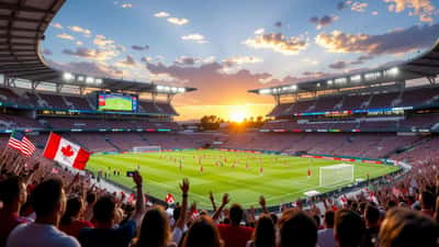 Fotballstadion under FIFA VM 2026 med supportere og flagg fra USA, Canada og Mexico