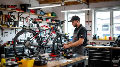 Cykelmekaniker efterser en elcykels batteri og bremser på et værksted før en sommertur på Fyn