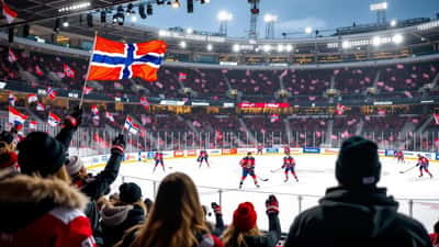 Ishockeyarena fylld av supportrar inför Norge mot England 2026
