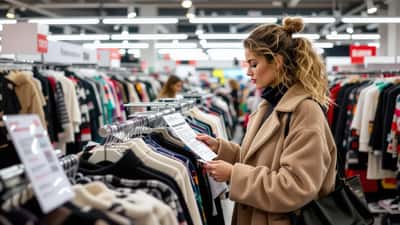 Nederlandse consument controleert kledingslabel op duurzaamheidsclaims in Amsterdamse kledingwinkel