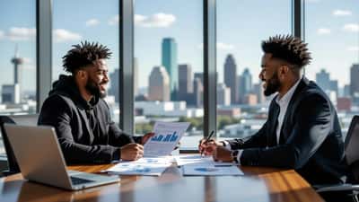 Young NFL wide receiver reviewing rookie contract and investment portfolio with financial advisor in Houston office