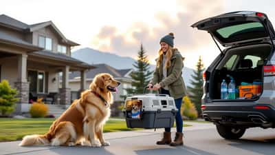 Woman loading a dog and pet carrier into an SUV as wildfire smoke fills the sky outside a Canadian home