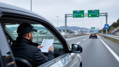 Condutor a receber notificação de coima de portagem junto a pórtico de via eletrónica na autoestrada A28 em Portugal