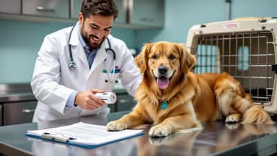 Veterinário examina cão e lê microchip ao lado de certificado internacional e caixa de transporte para viagem ao exterior