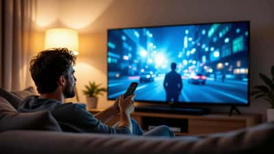 Australian man watching movie end credits on OLED television in dark living room, remote in hand, waiting for Brand New Day post-credits scene