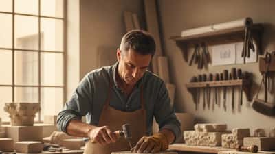 Artigiano italiano specializzato nel restauro del patrimonio storico lavora la pietra in un laboratorio fiorentino